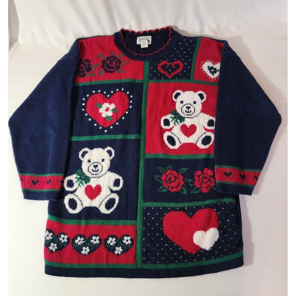 Vtg Basic Editions Medium Bear Hearts Tunic Sweater Womens Valentine's Navy